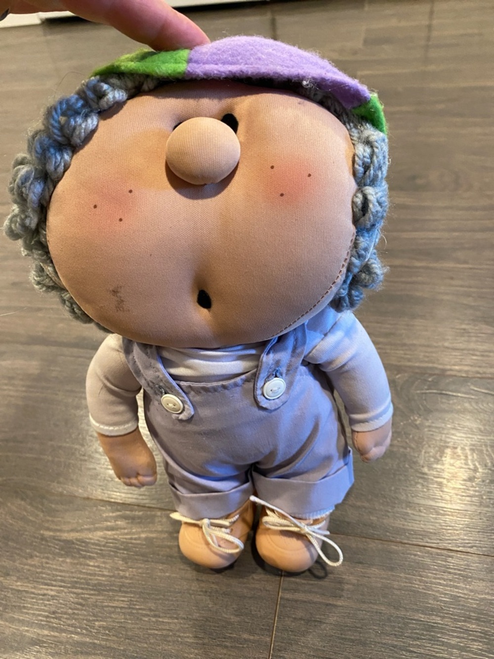 Bumpkins Plush Kids Doll in Lavender Overalls and Purple-Green Hat 3:30